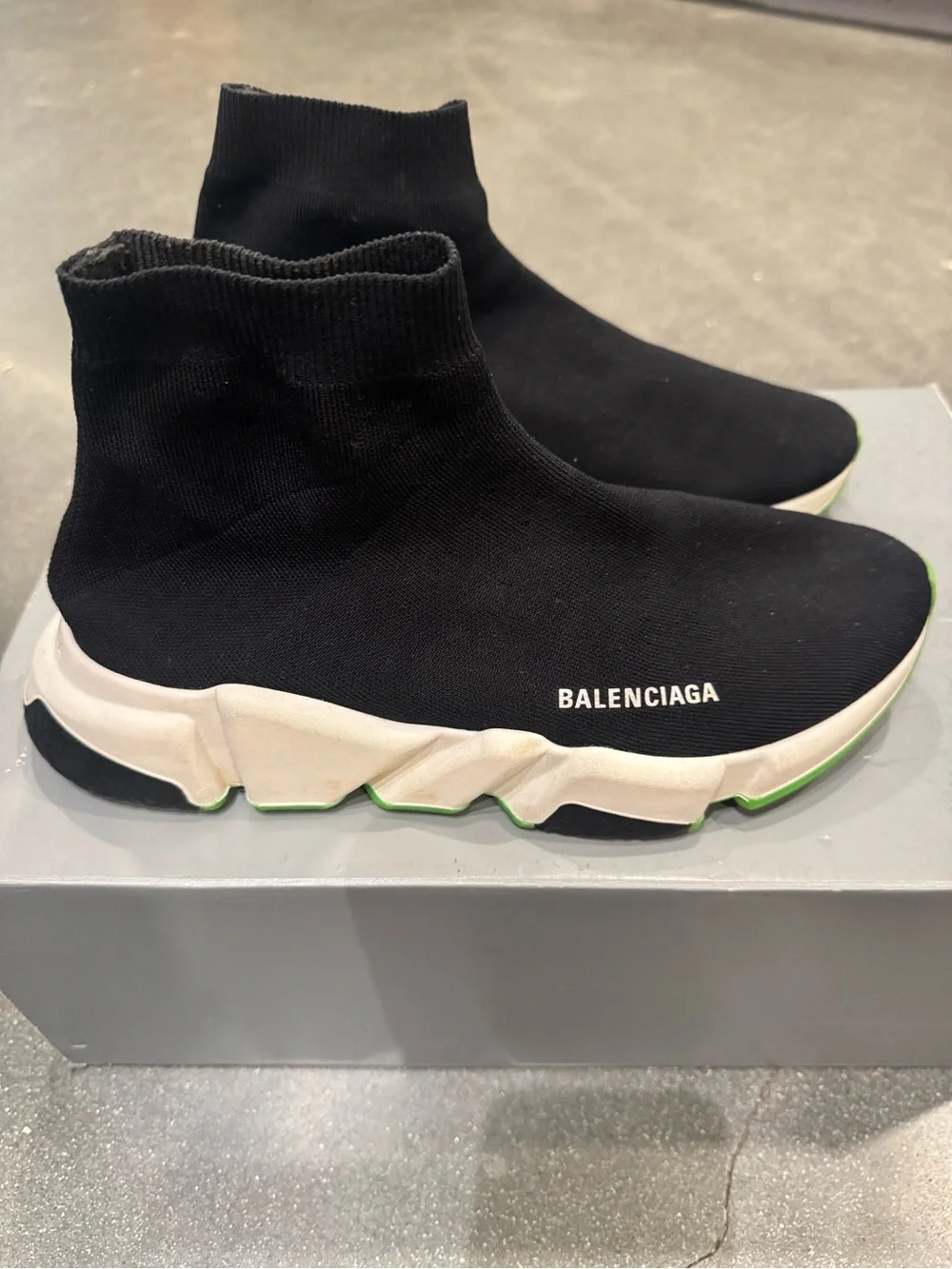 Balenciaga Black Sock-Style Speed Trainers with Green Accents